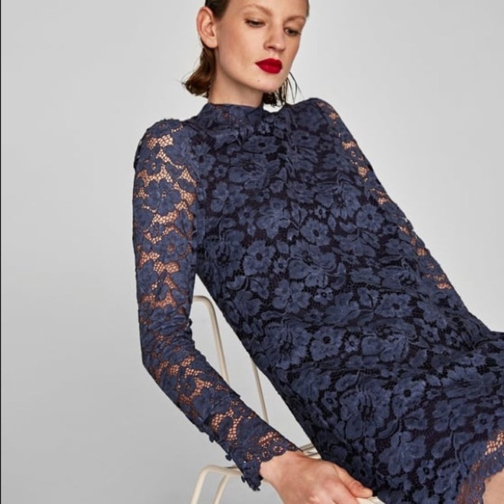 NWT Zara Blue Faded Lace Dress Mini Dress - Size M